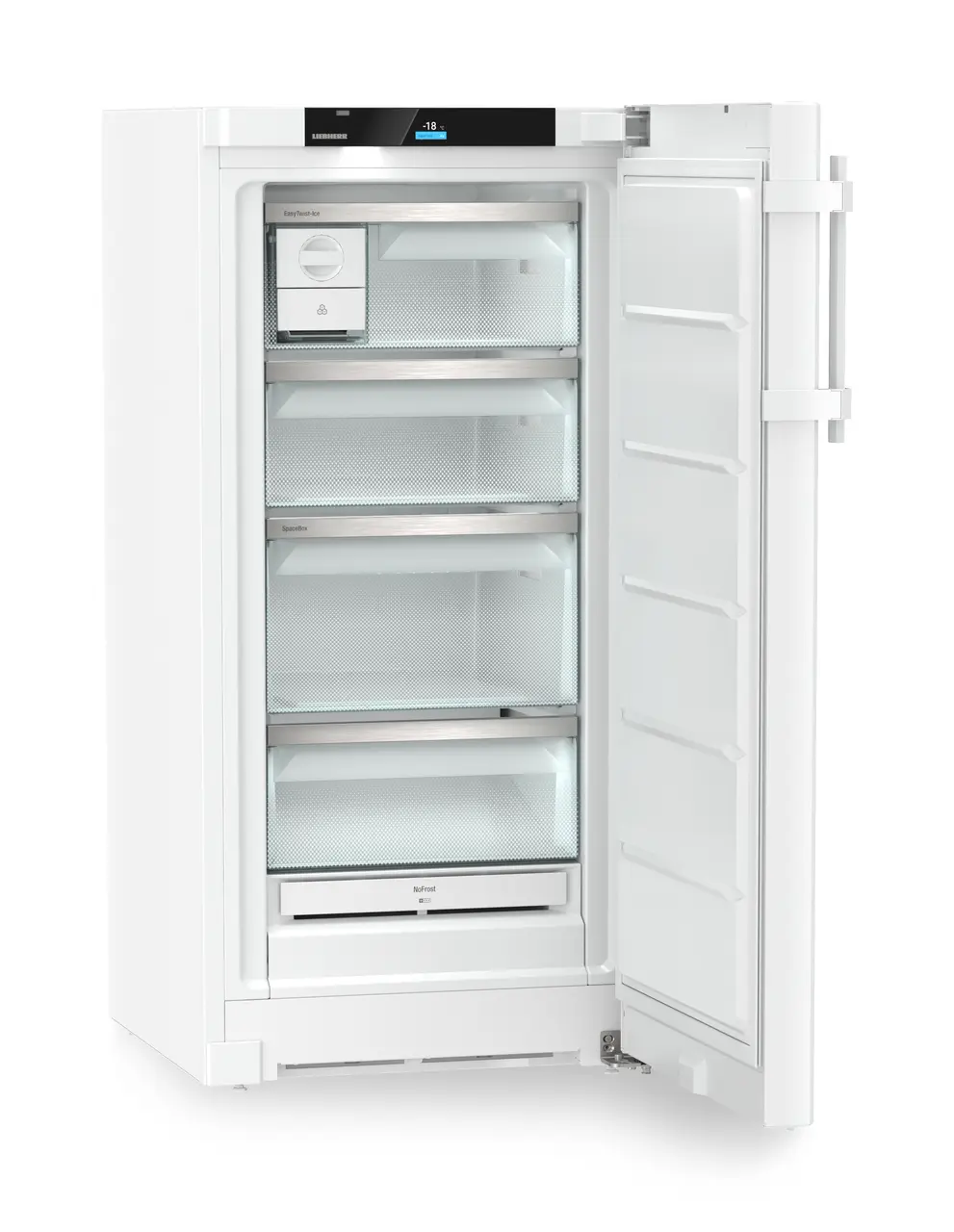 Product image, Perspective: oblique open empty, Freestanding freezer with NoFrost and EasyTwist-Ice, Casing colour: white, Door colour: white