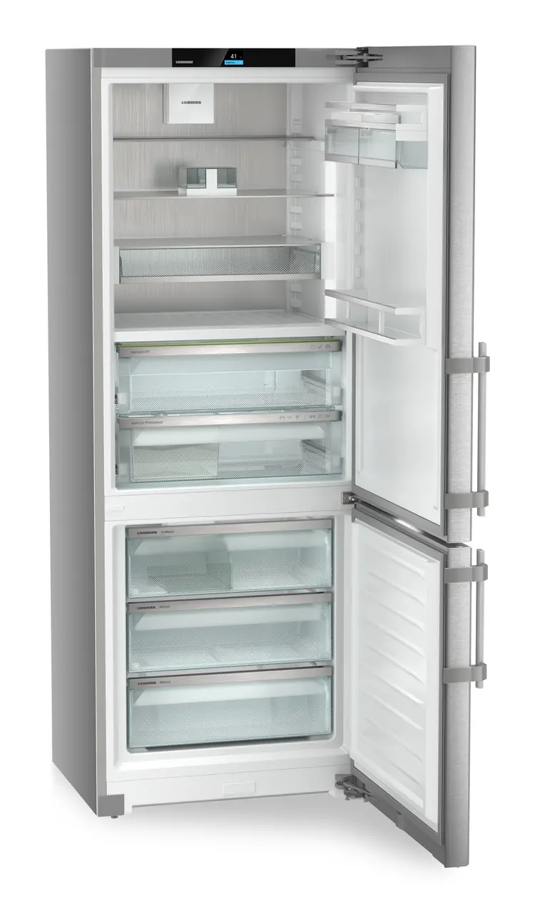 Product image, Perspective: oblique open empty, Fridge-freezer with BioFresh Professional and NoFrost, Casing colour: silver, Door colour: stainless steel