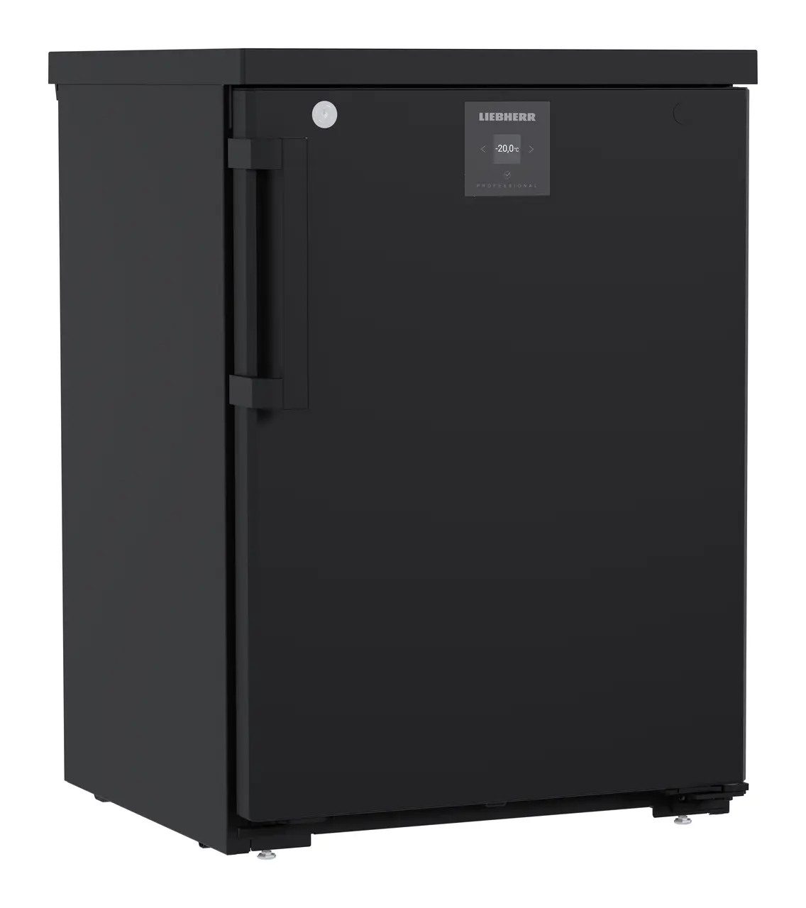 Produkt-Bild, Perspektive: schräg geschlossen, Unterbaufähiges Gefriergerät mit statischer Kühlung, Gehäusefarbe: Schwarz, Türfarbe: Schwarz