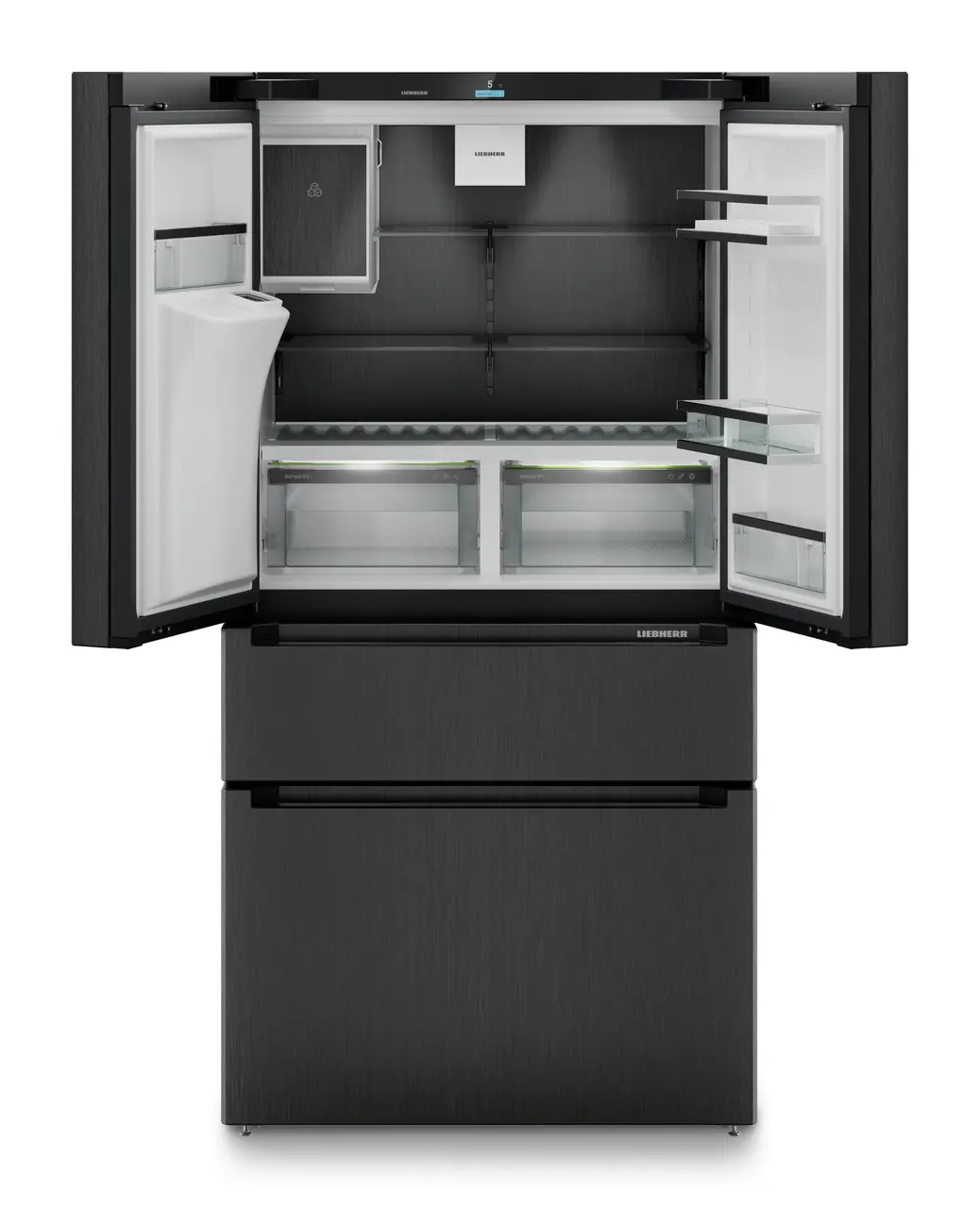 Termékkép, Perspektíva: Egyenes nyitott üres, Francia ajtós hűtő-fagyasztószekrény 2 fagyasztófiókkal, víz- és jégkockaadagolóval