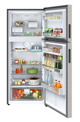 Product image, Perspective: straight open decorated, Fridge-freezer with NoFrost, Casing colour: grey, Door colour: Stainless Steel