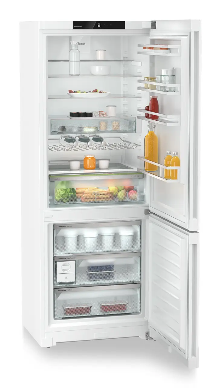 Product image, Perspective: oblique open decorated, Combined fridge-freezers with EasyFresh and NoFrost, Casing colour: white, Door colour: white
