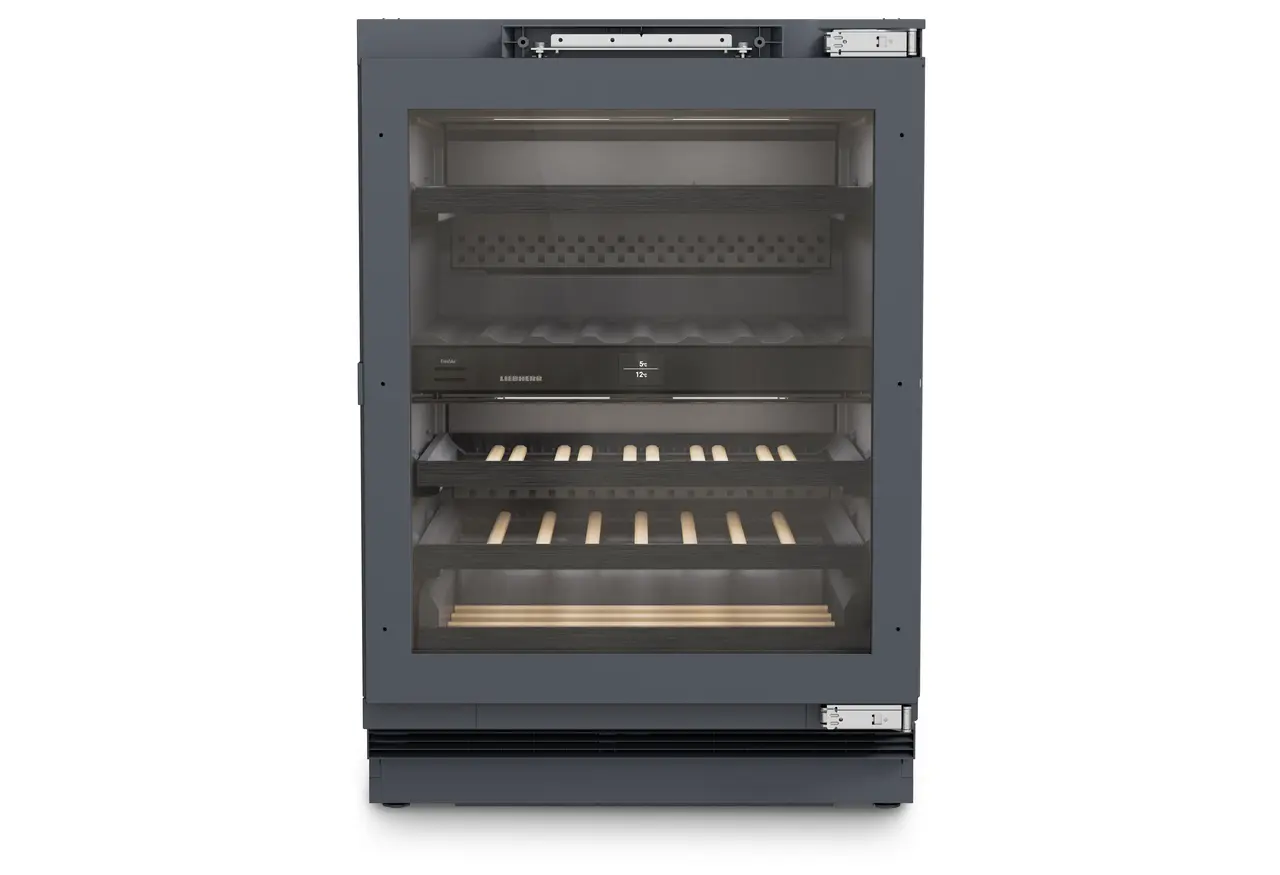 Изображение продукции, Перспектива: Прямо, с закрытой дверцей, без продуктов, Винный холодильник подходит для установки под столешницей для темперирования вина., Цвет корпуса: Антрацит, Цвет дверцы: Антрацит