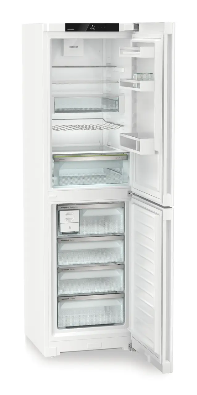 Product image, Perspective: oblique open empty, Combined fridge-freezers with EasyFresh and NoFrost, Casing colour: white, Door colour: white