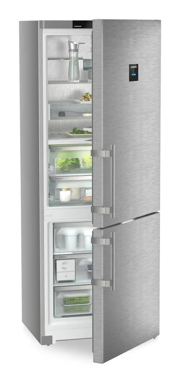 Product image, Perspective: oblique half-open decorated, Fridge-freezer with BioFresh and NoFrost, Casing colour: silver, Door colour: stainless steel