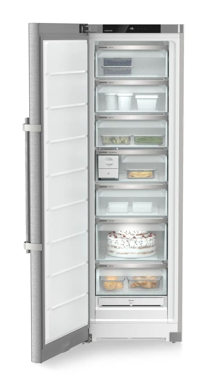 Product image, Perspective: straight open decorated, Freestanding freezer with NoFrost and EasyTwist-Ice, Casing colour: silver, Door colour: stainless steel
