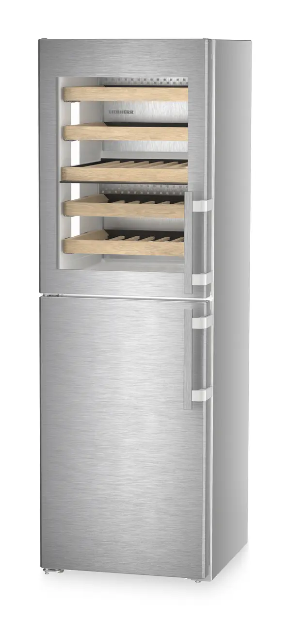 Product image, Perspective: oblique closed, Combination with NoFrost freezer compartment and wine tempering compartment, Casing colour: silver, Door colour: stainless steel