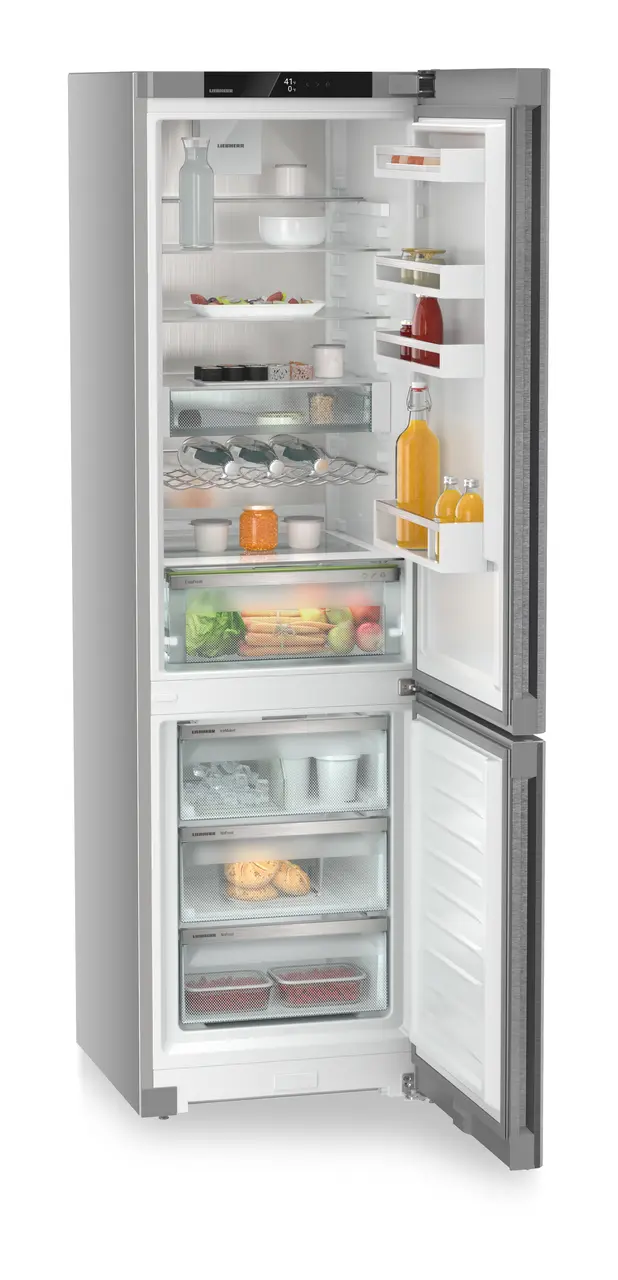 Product image, Perspective: oblique open decorated, Combined fridge-freezers with EasyFresh and NoFrost, Casing colour: silver, Door colour: stainless steel