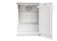 Slika izdelka, Perspektiva: Od spredaj, odprto, prazno, Hladilni aparat s hlajenjem s krožečim zrakom za podpultno vgradnjo, Barva ohišja: bela, Barva vrat: bela