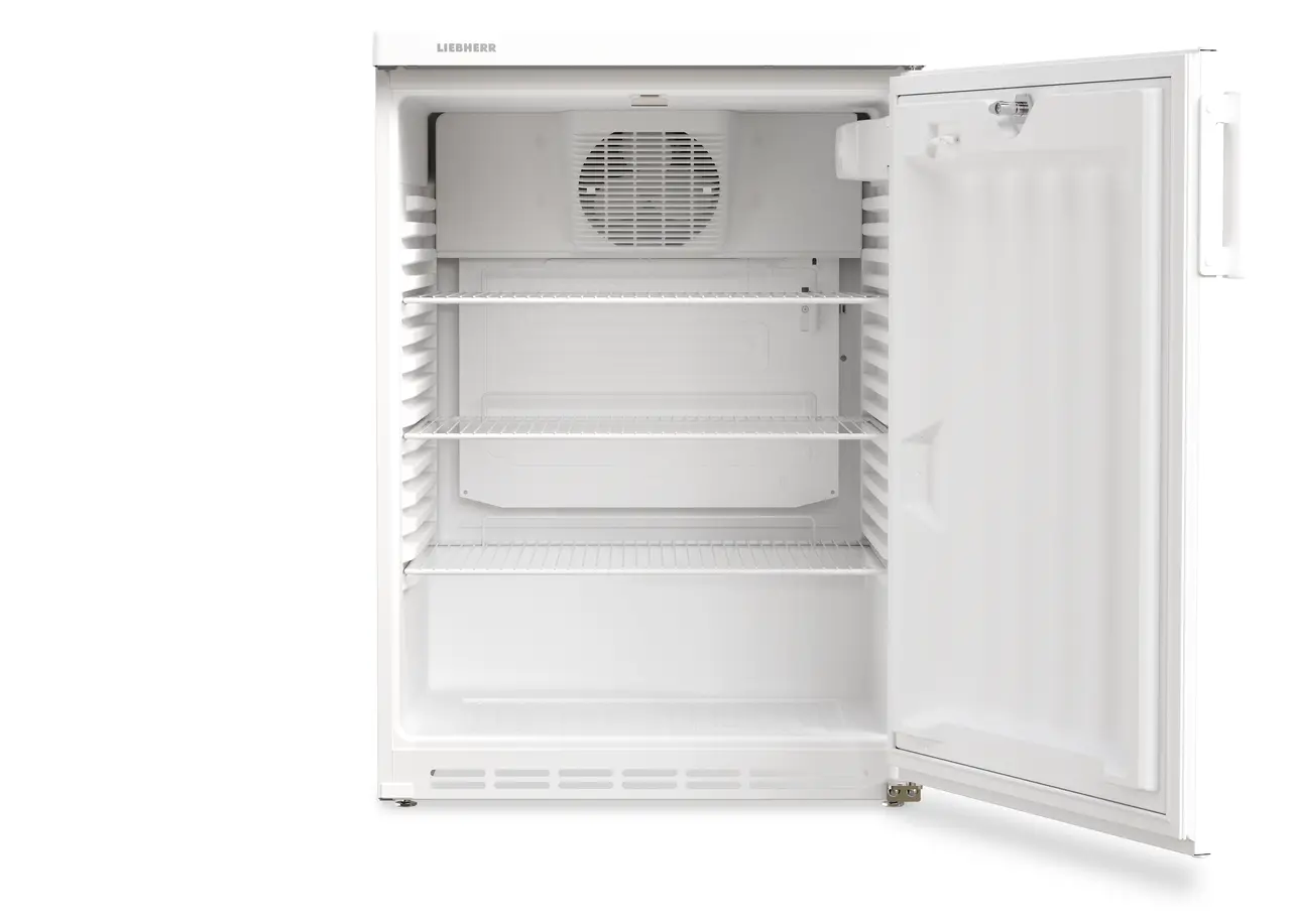 Slika izdelka, Perspektiva: Od spredaj, odprto, prazno, Hladilni aparat s hlajenjem s krožečim zrakom za podpultno vgradnjo, Barva ohišja: bela, Barva vrat: bela