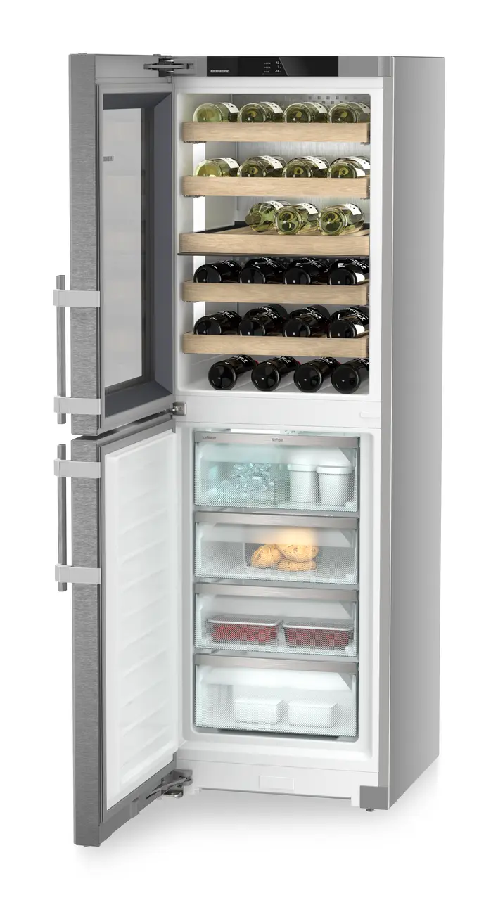Product image, Perspective: oblique open decorated, Combination with NoFrost freezer compartment and wine tempering compartment, Casing colour: silver, Door colour: stainless steel