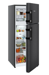 Product image, Perspective: oblique half-open decorated, Fridge-freezer with NoFrost, Casing colour: grey, Door colour: BlackSteel