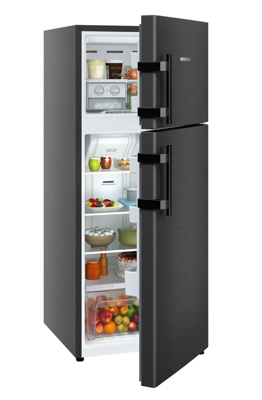 Product image, Perspective: oblique half-open decorated, Fridge-freezer with NoFrost, Casing colour: grey, Door colour: BlackSteel