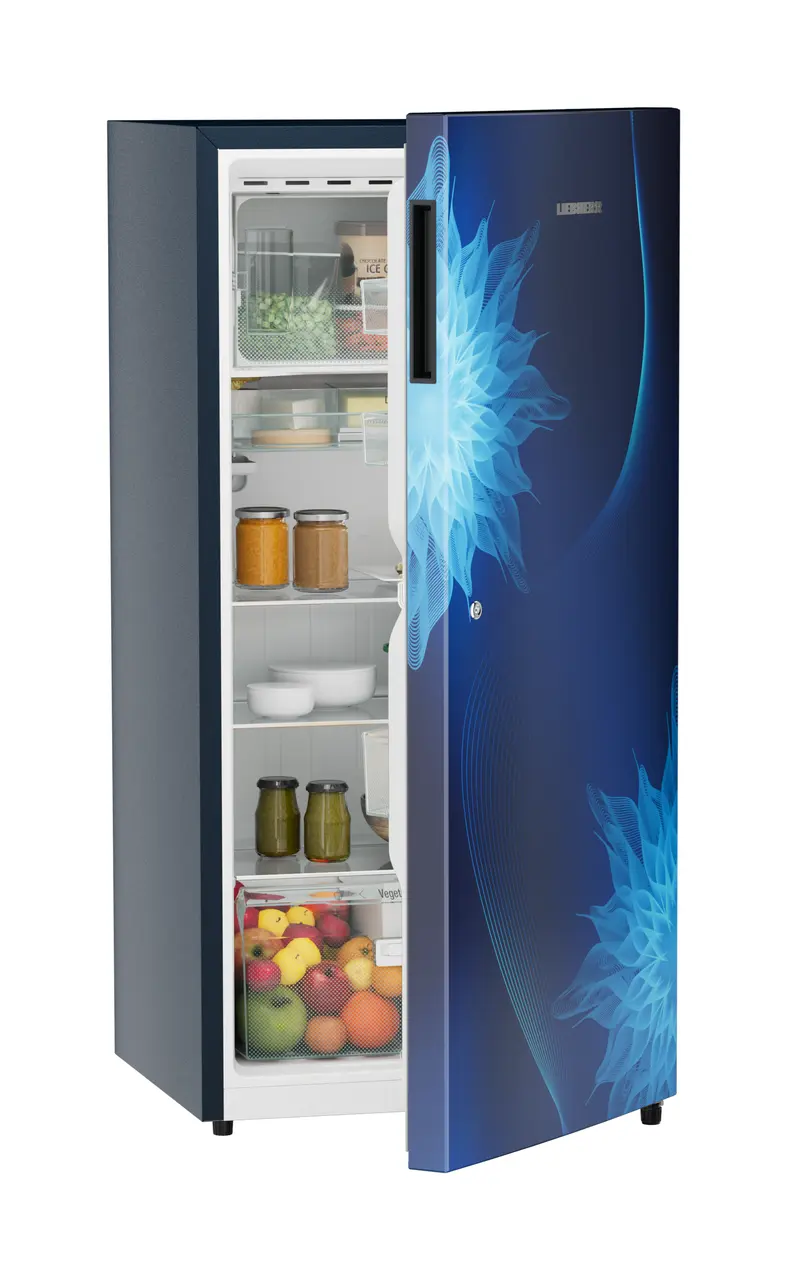 Product image, Perspective: oblique half-open decorated, Single-door refrigerator 191 l in 5 star with inverter compressor, Casing colour: blue, Door colour: Blue Mystiq