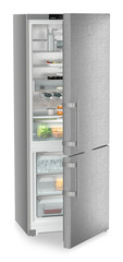 Product image, Perspective: oblique half-open decorated, Combined fridge-freezers with EasyFresh and NoFrost, Casing colour: silver, Door colour: stainless steel