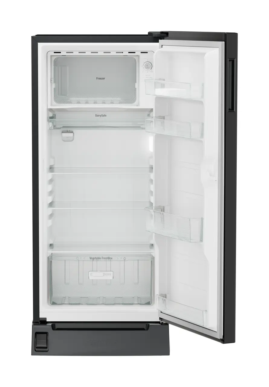Product image, Perspective: straight open empty, Single-door refrigerator 191 l in 3 star with foot pedal base drawer, Casing colour: grey, Door colour: Black Gloss
