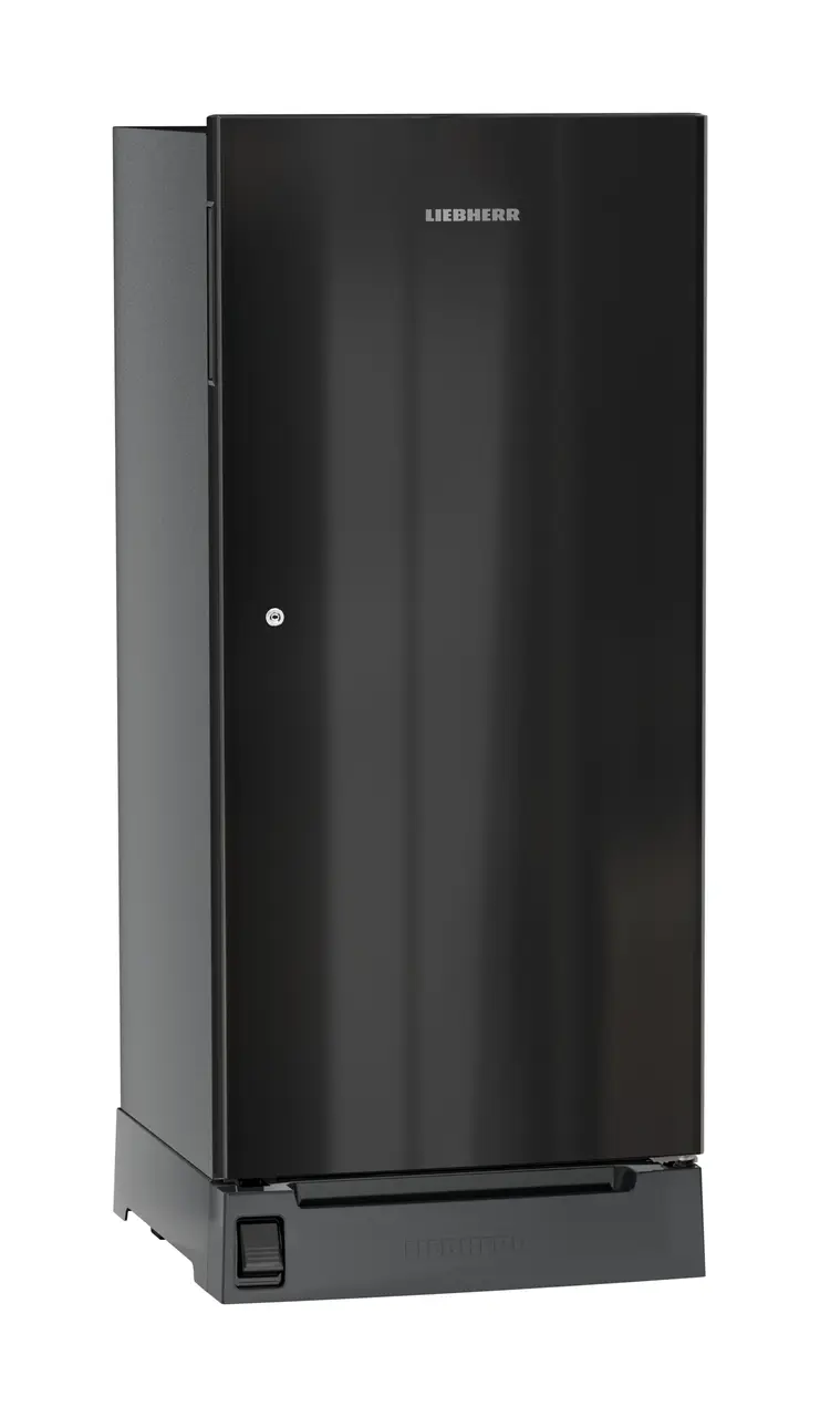 Product image, Perspective: oblique closed, Single-door refrigerator 191 l in 3 star with foot pedal base drawer, Casing colour: grey, Door colour: Black Gloss