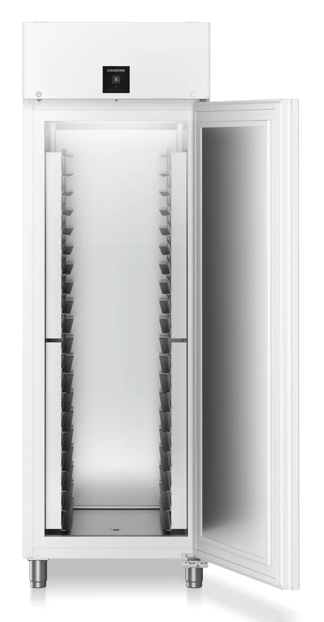 Produkt-Bild, Perspektive: gerade offen leer, Kühlgerät Bäckereinorm mit Umluftkühlung, Gehäusefarbe: Weiß, Türfarbe: Weiß