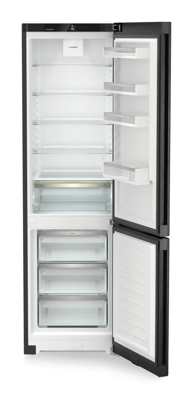 Produkt-Bild, Perspektive: gerade offen leer, Kühl-Gefrierkombination mit EasyFresh und NoFrost, Gehäusefarbe: Schwarz, Türfarbe: BlackSteel