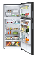 Product image, Perspective: straight open decorated, Fridge-freezer with NoFrost, Casing colour: grey, Door colour: Black Gloss