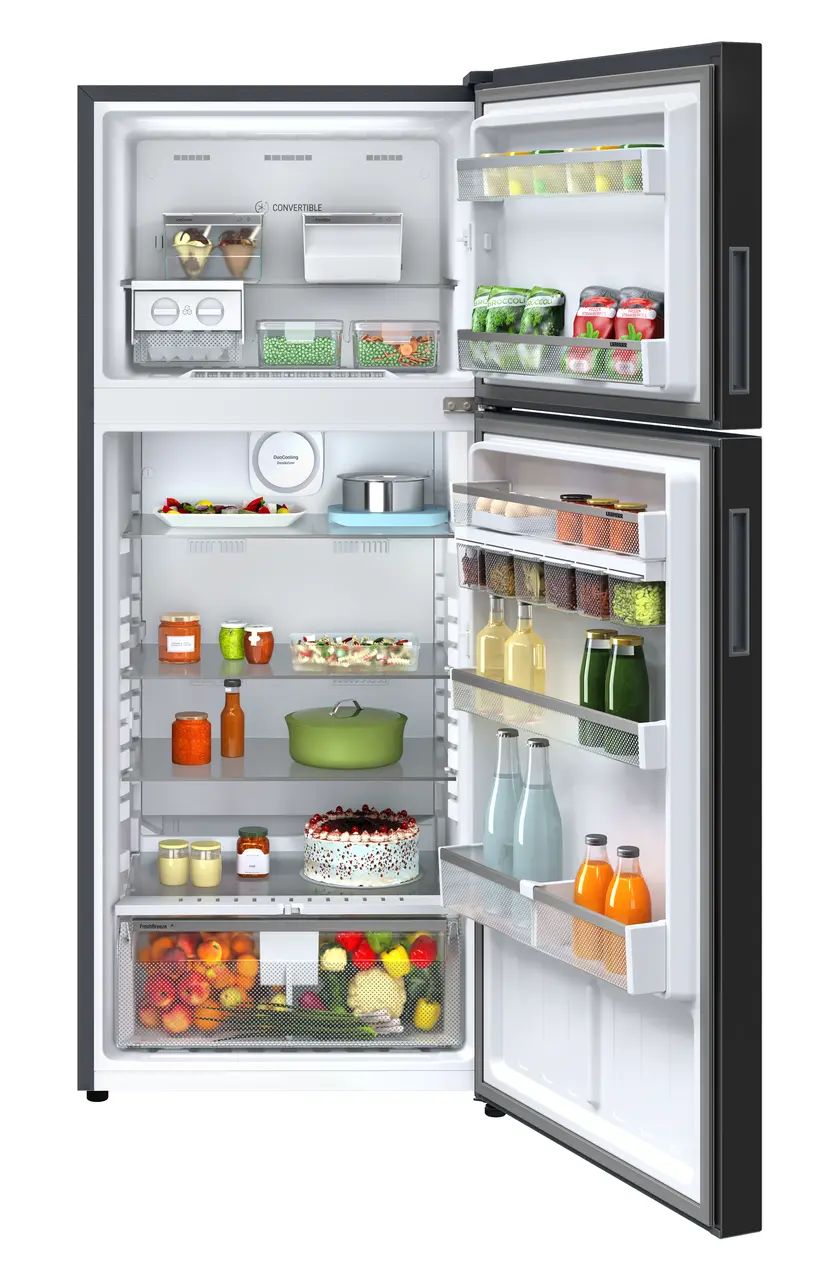 Product image, Perspective: straight open decorated, Fridge-freezer with NoFrost, Casing colour: grey, Door colour: Black Gloss