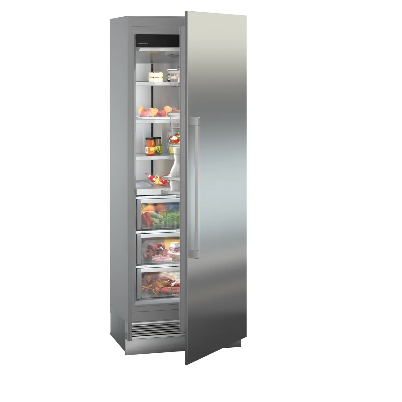 Product image, Perspective: oblique half-open decorated, Refrigerator with BioFresh for integrated use, Casing colour: grey