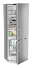 Product image, Perspective: oblique half-open decorated, Combined fridge-freezers with EasyFresh and NoFrost, Casing colour: silver, Door colour: stainless steel