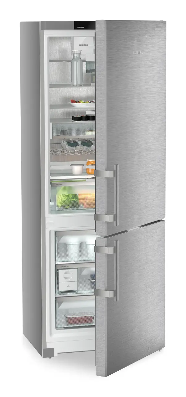 Product image, Perspective: oblique half-open decorated, Combined fridge-freezers with EasyFresh and NoFrost, Casing colour: silver, Door colour: stainless steel