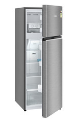 Product image, Perspective: oblique half-open empty, Fridge-freezer with NoFrost, Casing colour: grey, Door colour: Silver Steel