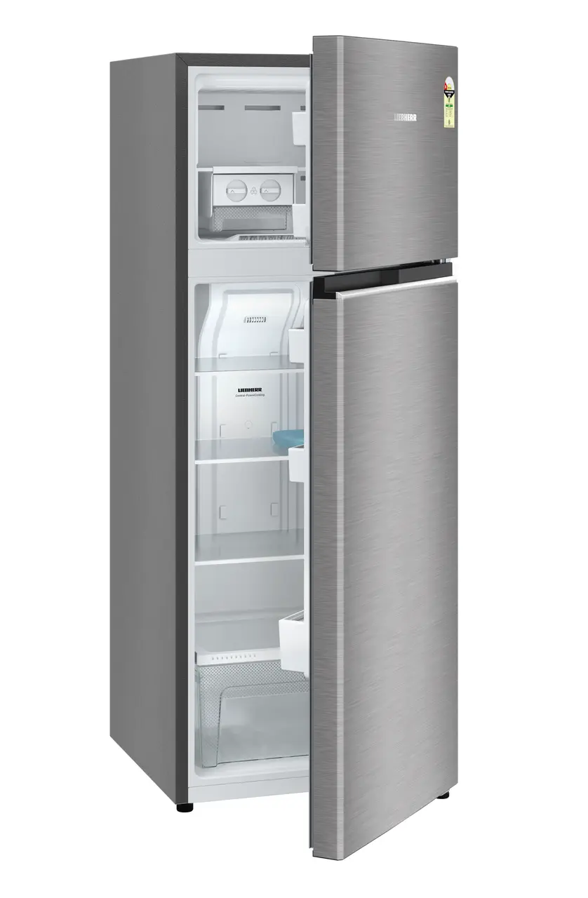 Product image, Perspective: oblique half-open empty, Fridge-freezer with NoFrost, Casing colour: grey, Door colour: Silver Steel