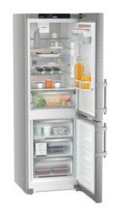 Product image, Perspective: oblique open decorated, Combined fridge-freezers with EasyFresh and NoFrost, Casing colour: silver, Door colour: stainless steel