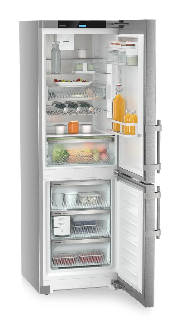 Product image, Perspective: oblique open decorated, Combined fridge-freezers with EasyFresh and NoFrost, Casing colour: silver, Door colour: stainless steel