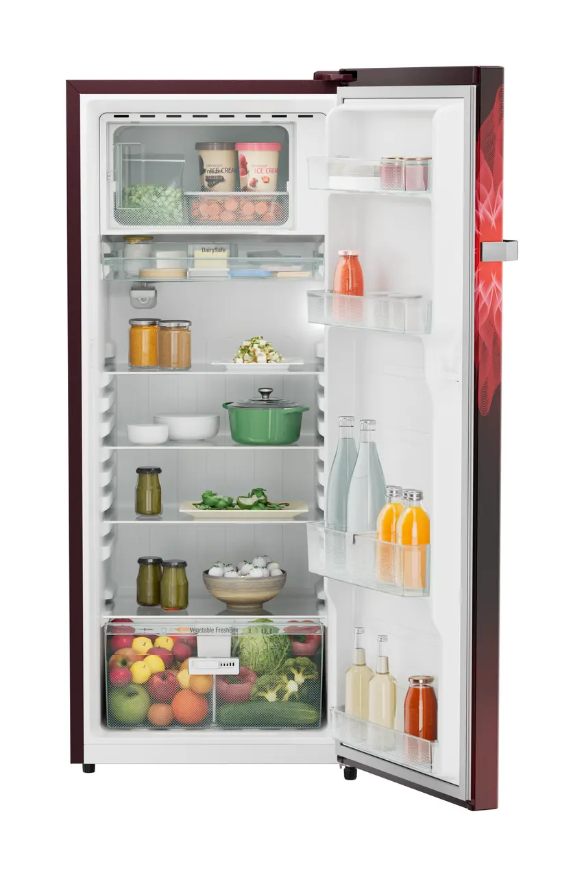 Product image, Perspective: straight open decorated, Single-door refrigerator 222 l in 4 star with iCoolTouch UI, Casing colour: red, Door colour: Red Mystiq