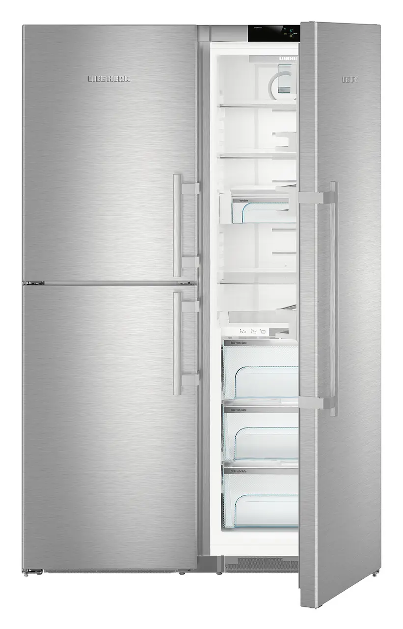 Product image, Perspective: special form, Side-by-Side combination, Casing colour: stainless steel, Door colour: stainless steel