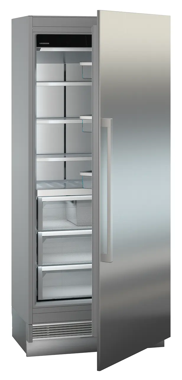 Produkt-Bild, Perspektive: schräg halb offen leer, Integrierbarer Gefrierschrank mit NoFrost, Gehäusefarbe: Grau