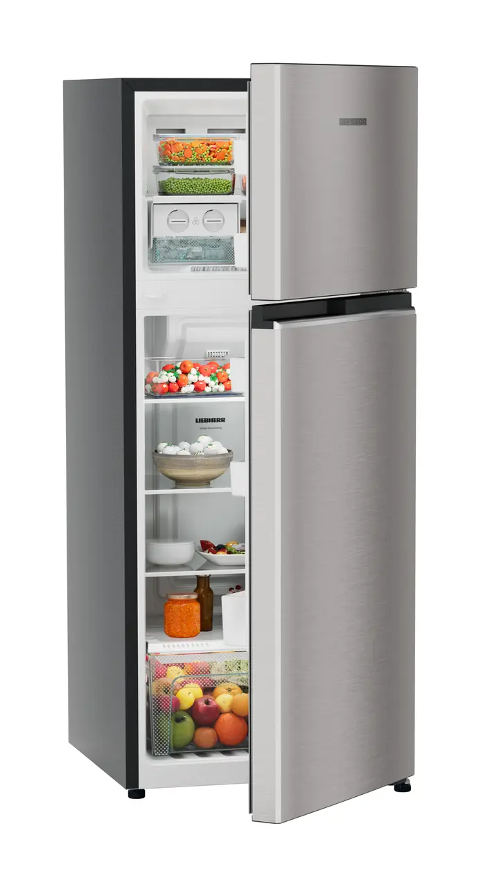 Product image, Perspective: oblique half-open decorated, Fridge-freezer with NoFrost, Casing colour: grey, Door colour: Stainless Steel