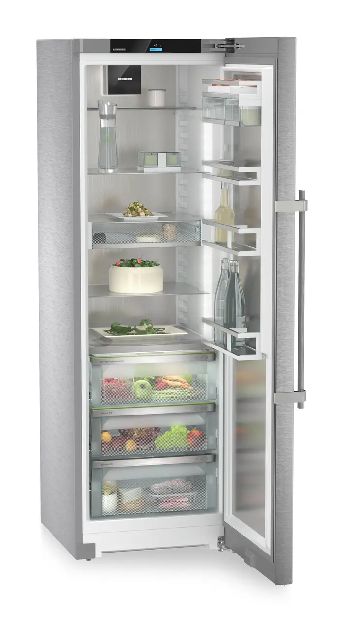 Product image, Perspective: oblique open decorated, Freestanding refrigerator with BioFresh Professional, Casing colour: stainless steel, Door colour: stainless steel
