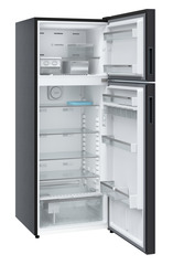 Product image, Perspective: oblique open empty, Fridge-freezer with NoFrost, Casing colour: grey, Door colour: Black Gloss