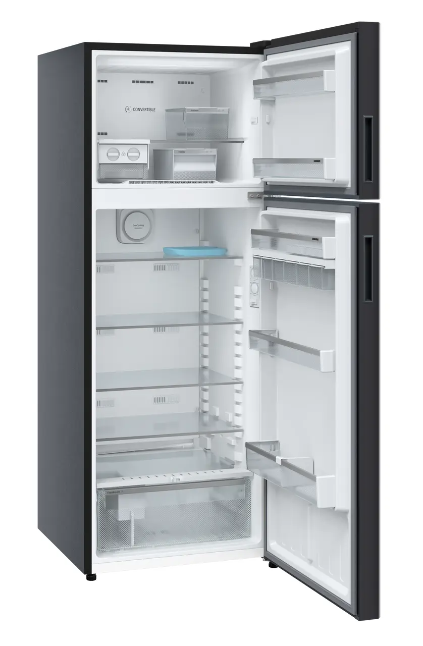 Product image, Perspective: oblique open empty, Fridge-freezer with NoFrost, Casing colour: grey, Door colour: Black Gloss