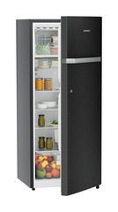 Product image, Perspective: oblique half-open decorated, Single-door refrigerator 222 l in 3 star and horizontal handle, Casing colour: grey, Door colour: BlackSteel