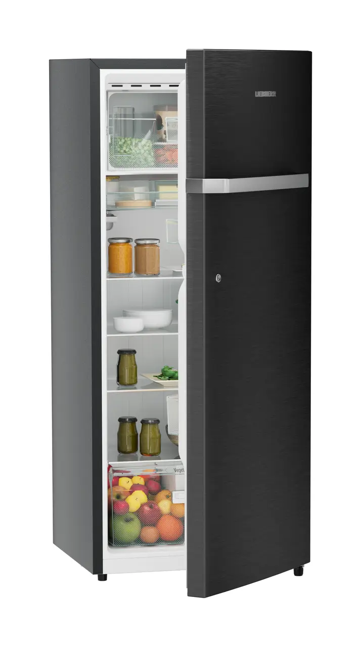 Product image, Perspective: oblique half-open decorated, Single-door refrigerator 222 l in 3 star and horizontal handle, Casing colour: grey, Door colour: BlackSteel