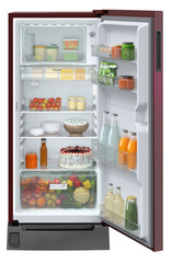 Product image, Perspective: straight open decorated, Single-door fridge, 191 l in 2 star with foot pedal base drawer, Casing colour: red, Door colour: Red Wonder