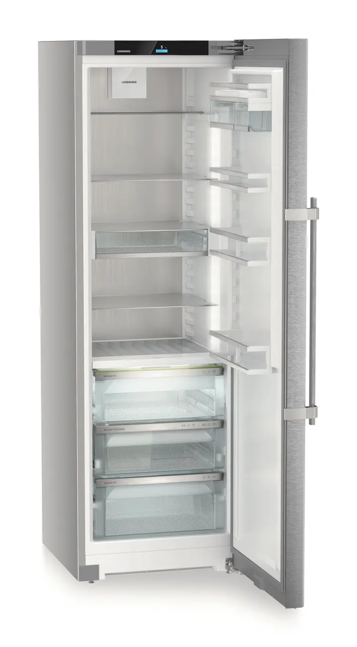Product image, Perspective: oblique open empty, Freestanding refrigerator with BioFresh Professional, Casing colour: silver, Door colour: stainless steel