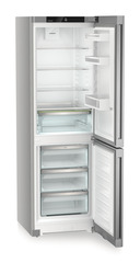 Product image, Perspective: oblique open empty, Combined fridge-freezers with EasyFresh and NoFrost, Casing colour: silver, Door colour: Steelfinish