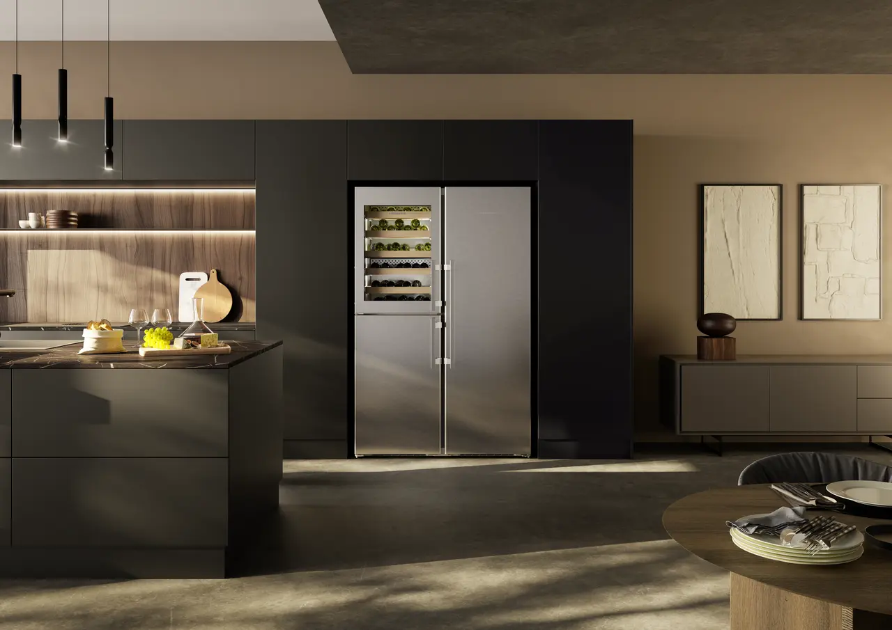 Product image, Perspective: milieu, Side-by-side combination with wine tempering compartment, Casing colour: stainless steel, Door colour: stainless steel