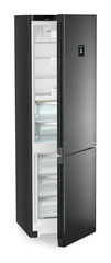 Product image, Perspective: oblique half-open empty, Fridge-freezer with BioFresh and NoFrost, Casing colour: black, Door colour: BlackSteel