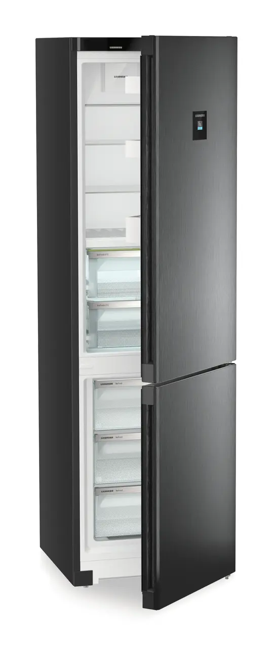 Product image, Perspective: oblique half-open empty, Fridge-freezer with BioFresh and NoFrost, Casing colour: black, Door colour: BlackSteel