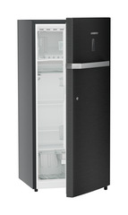 Product image, Perspective: oblique half-open empty, Single-door refrigerator 202 l in 4 star with iCoolTouch UI, Casing colour: grey, Door colour: BlackSteel