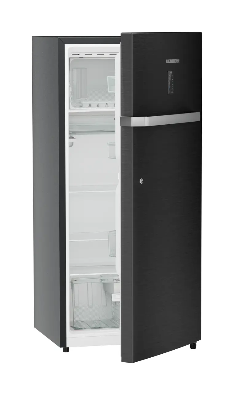 Product image, Perspective: oblique half-open empty, Single-door refrigerator 202 l in 4 star with iCoolTouch UI, Casing colour: grey, Door colour: BlackSteel