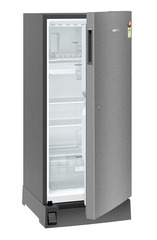 Product image, Perspective: oblique half-open empty, Single-door refrigerator 222 l in 3 star with foot pedal base drawer, Casing colour: grey, Door colour: Silver Steel
